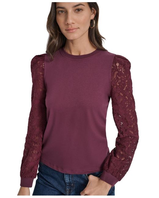 DKNY Blue Lace Puff-sleeve Crewneck Top