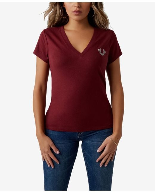 True Religion Red Short Sleeve Crystal Buddha Slim V-neck T-shirt