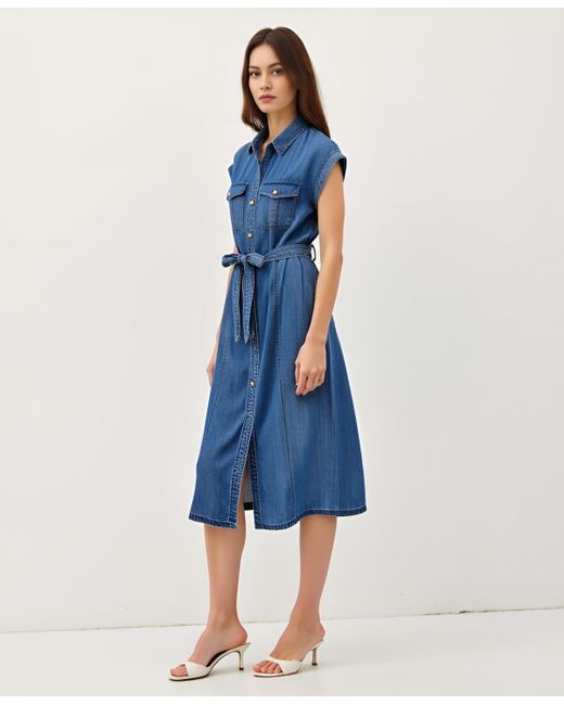 Modenaire Blue Sleeveless Button-front Tie-waist Midi Shirt Dress