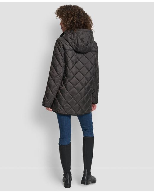 DKNY Gray Corduroy Collar Hooded Quilted Coat
