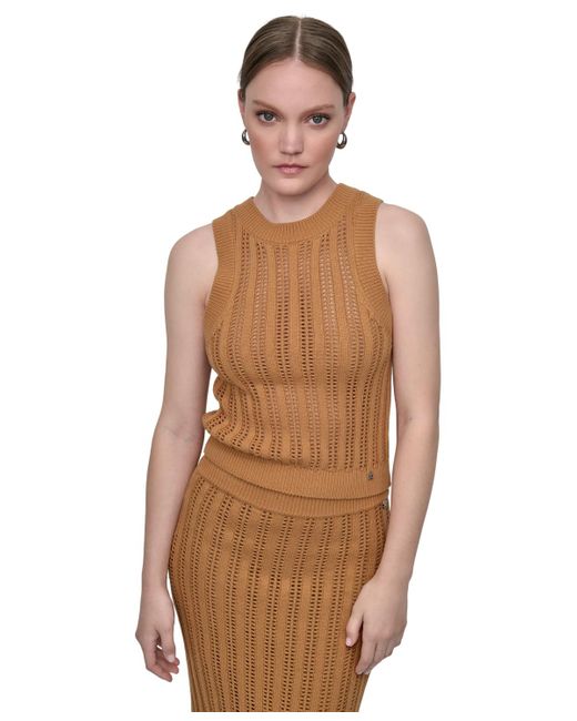 DKNY Brown Crewneck Pointelle-stitch Tank Sleeveless Sweater