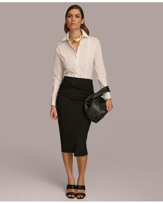 Donna Karan Black Button-front Long-sleeve Bodysuit