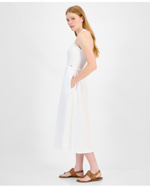 Tommy Hilfiger White Cotton Smocked Sleeveless Midi Dress