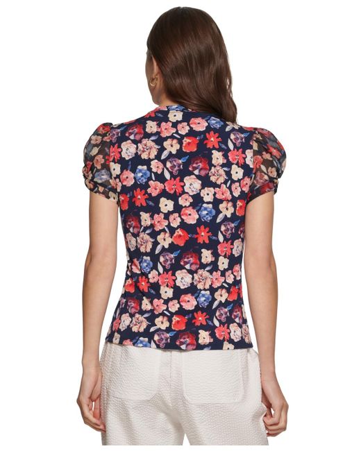 DKNY Red Petite Floral-print Puff-sleeve Blouse