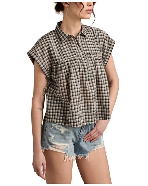 Lucky Brand Black Cotton Pintuck Button-front Top