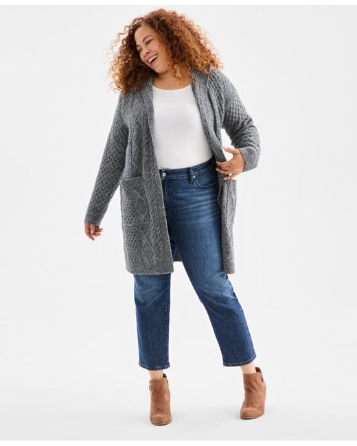 Style Women's Blue Plus Size Chunky Open-front Cable-knit