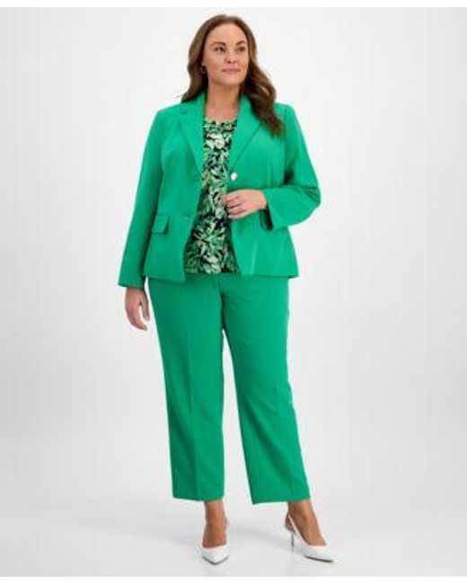 Kasper Green Plus Size Notched Collar Blazer Printed Cap Sleeve Top Straight Fit Suit Pants