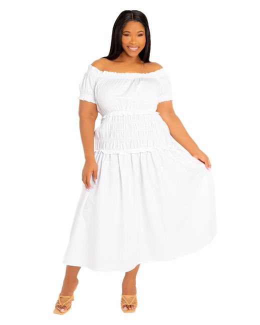Buxom Couture White Plus Size Off Shoulder Smocked Midi Dress