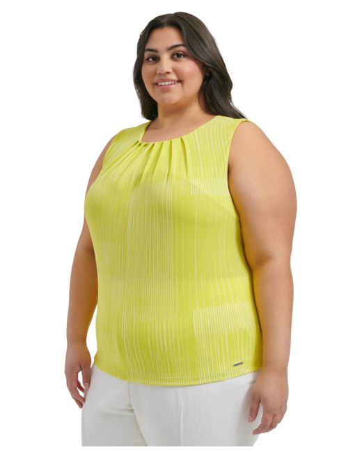 Calvin Klein Yellow Plus Size Geo-printed Pleated Sleeveless Top