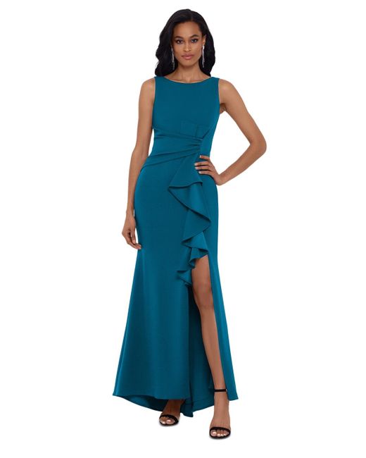 Betsy & Adam Blue Cascading-ruffle Boat-neck Gown