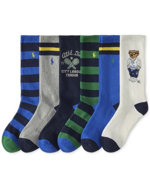 Polo Ralph Lauren Blue 6-pk. Athletic Club Bear Crew Socks for men