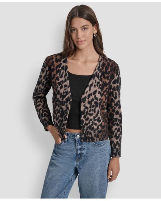 DKNY Black Long Sleeves Leopard Print Cardigan Sweater