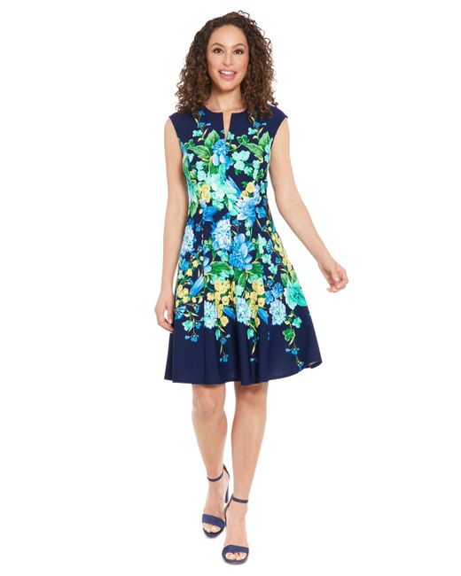 London Times Blue Petite Split-neck Floral-print Fit & Flare Dress
