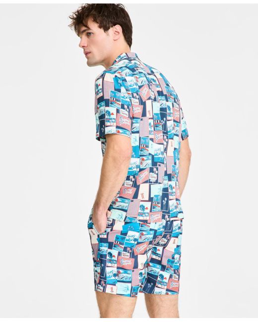Original Penguin Blue Slim-fit Tropical-print Button-down Camp Shirt for men