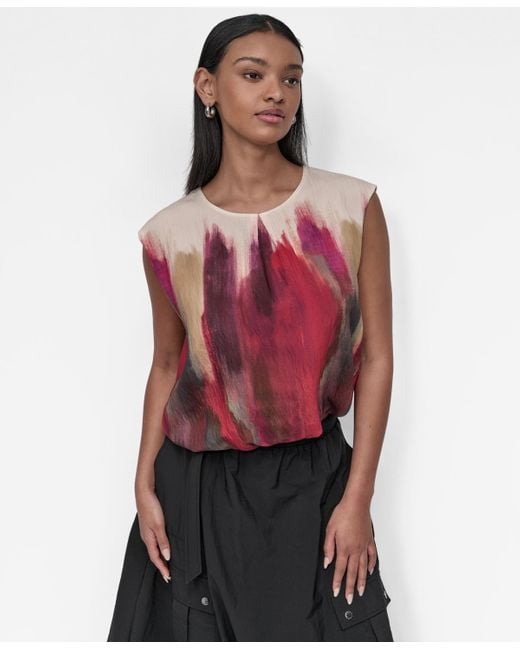DKNY Red Printed Cap-sleeve Crewneck Top