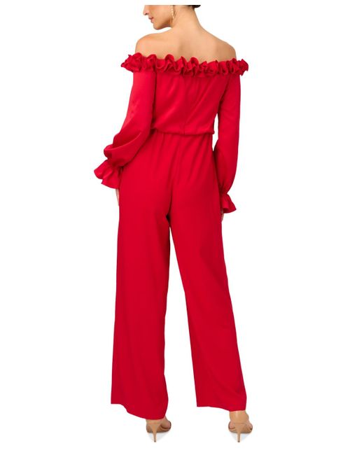 Adrianna Papell Off the shoulder Satin Jumpsuit in Red Lyst