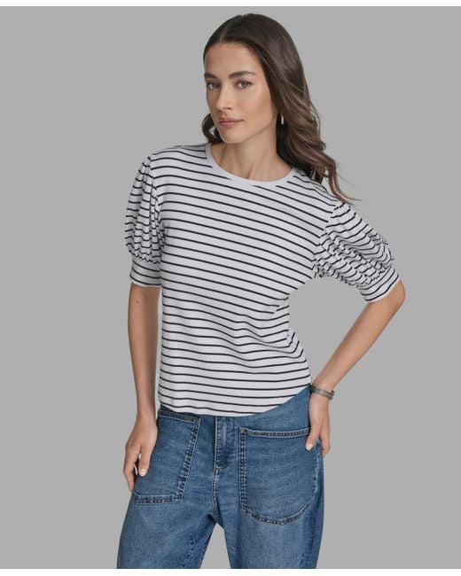 BCBGMAXAZRIA Blue Short Sleeve Stripe Crewneck Top