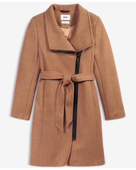 DKNY Brown Asymmetric Front-zip Belted Coat
