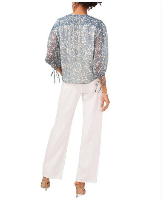 1.STATE Blue Printed Pintuck 3/4-sleeve Blouse