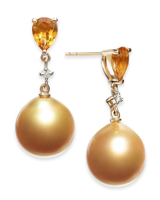Macy's Metallic Cultured Baroque Golden South Sea Pearl (12mm) & Citrine (1-1/3 Ct. T.w.) & Diamond (1/20 Ct. T.w.) Drop Earrings In 14k Gold