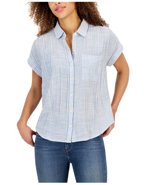 Style & Co. Blue Cotton Gauze Striped Camp Shirt, Created For Macy's