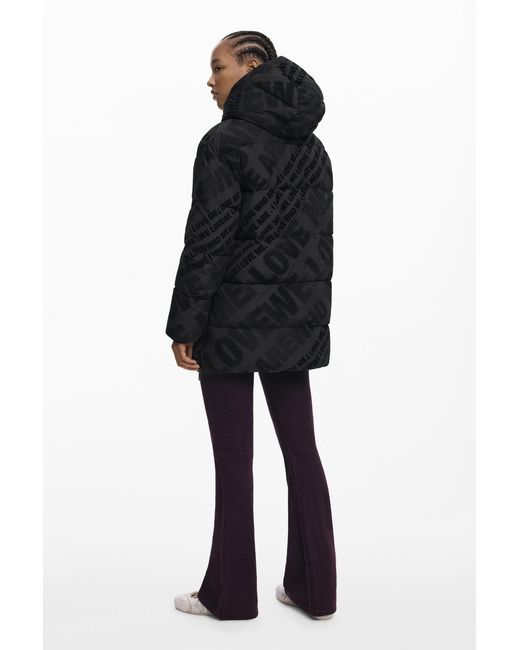 Desigual Black Padded Quilted Coat, Polyester