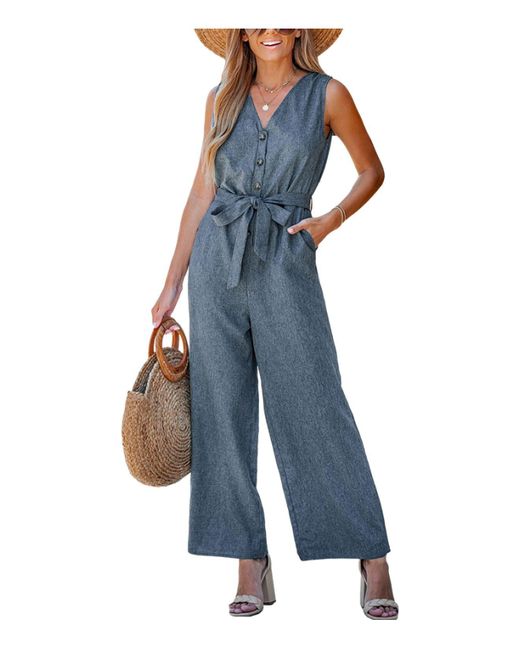 CUPSHE Belted Vneck Buttoned Jumpsuit in Blue Lyst