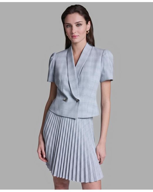BCBGMAXAZRIA Blue Draped Collar Two Button Plaid Jacket