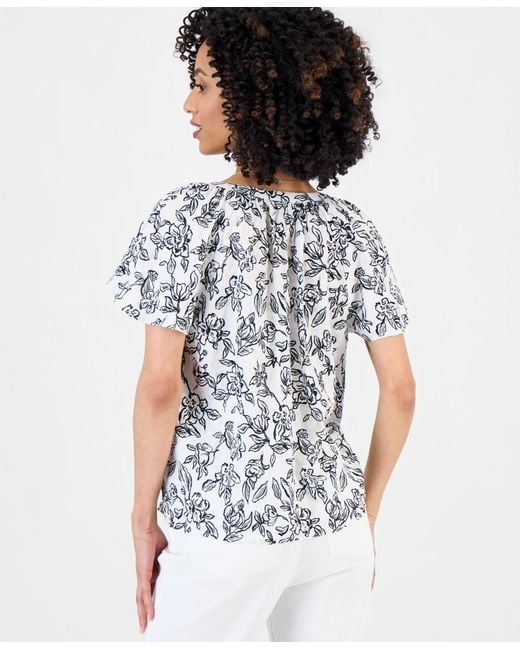 Style & Co. White Split-neck Flutter-sleeve Top