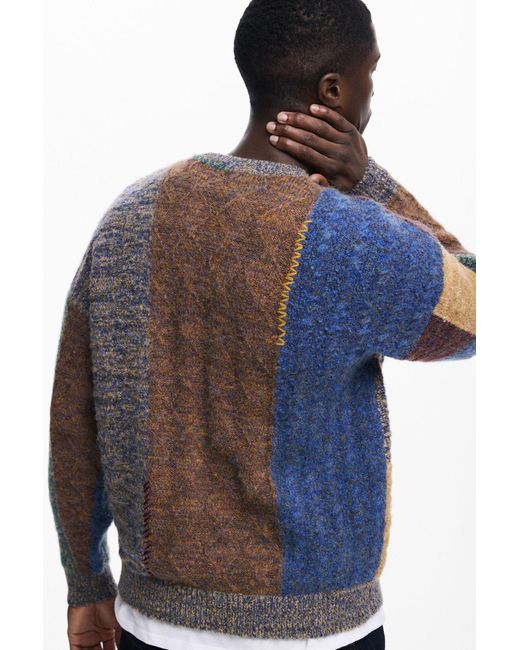 Desigual Blue Thick Patchwork Sweater for men
