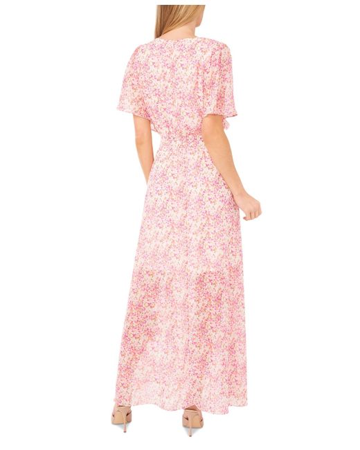 Cece Pink Ditsy Floral Smocked-waist Flutter-sleeve Maxi Dress