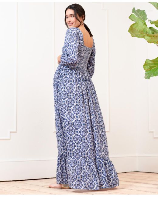 Seraphine Blue Maternity Crepe Shirred Bodice Maxi Dress