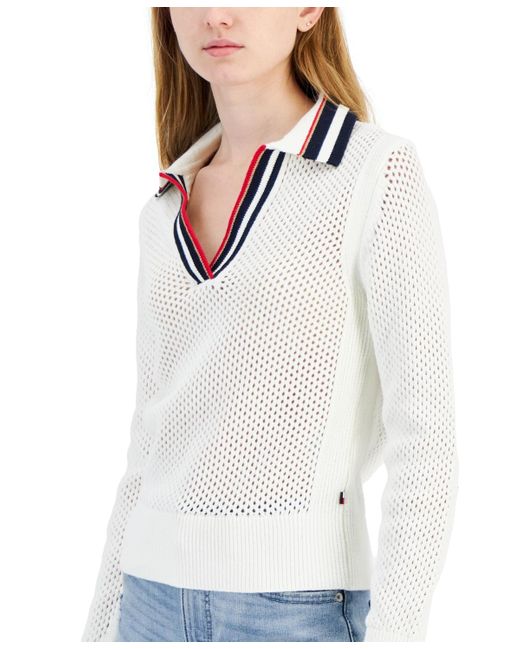 Tommy Hilfiger White Cotton Collared V-neck Mesh Sweater