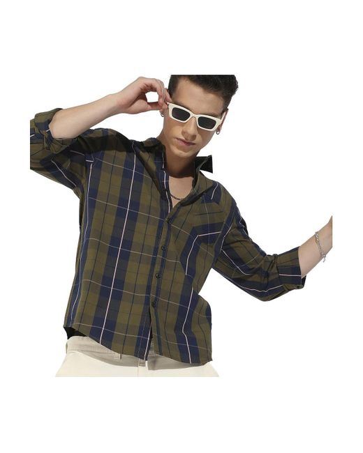 Campus Sutra Black Olive Tartan Plaid Shirt for men