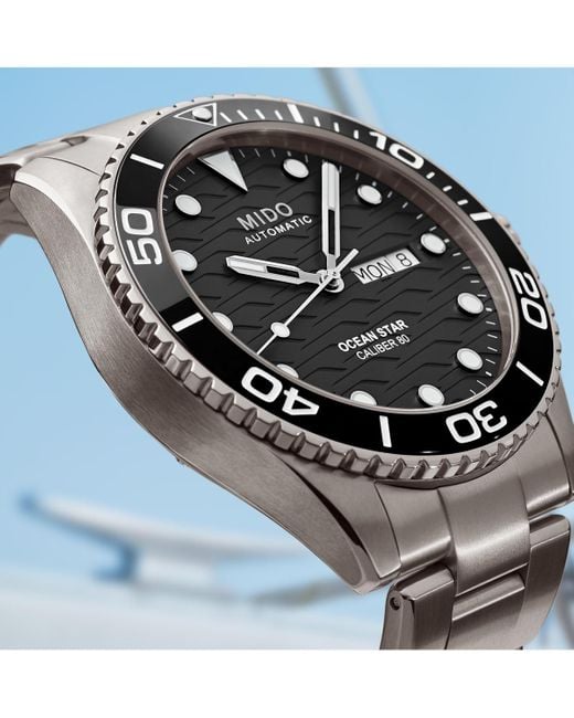 MIDO Gray Swiss Automatic Ocean Star Silver-tone Titanium Bracelet Watch 43mm for men