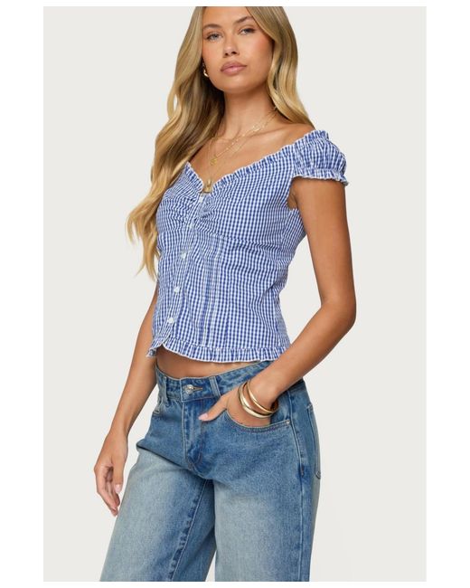 Edikted Blue Dorothie Gingham Button Up Top