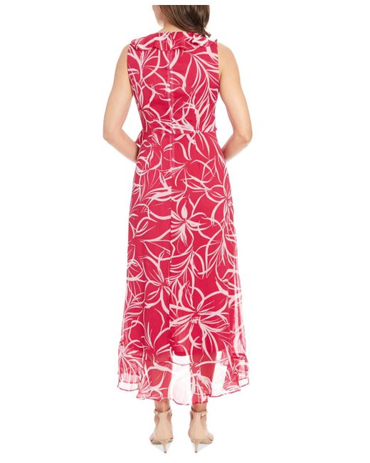 London Times Red Petite Floral-print Ruffled Maxi Dress