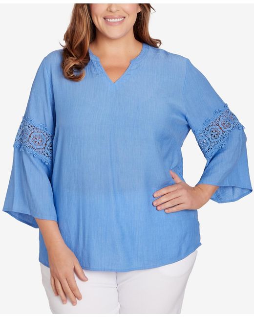 Ruby Rd Blue Plus Size Solid Bali Lace Top