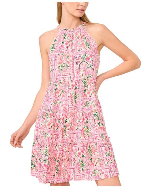 Cece Pink Printed Tiered Halter Minidress