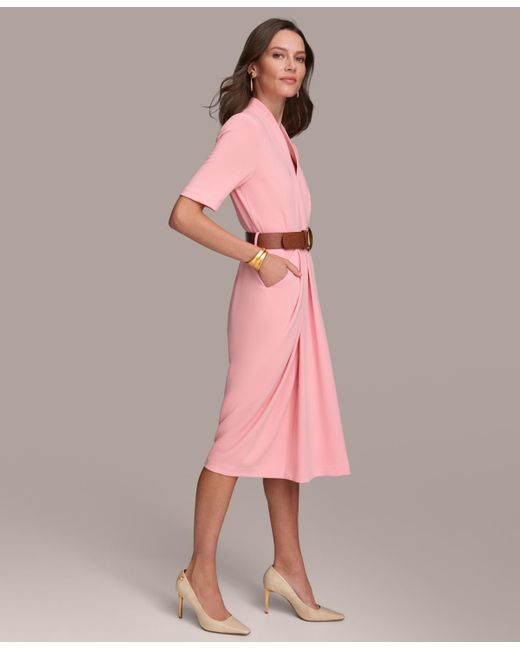 donna karan new york women's v-neck belted short-sleeve midi dress Donna Karan Donna Karan V-neck Belted Short-sleeve Dress in Pink