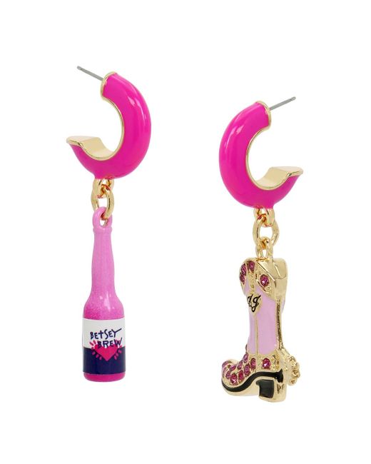 Betsey Johnson Pink Faux Stone Cowgirl Mismatch Charm huggie Earrings