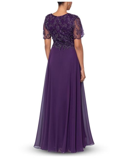 Xscape Purple Bead Embellished Short Sleeve Gown