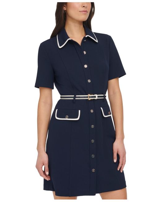 Tommy Hilfiger Blue Petite Piping Trim Belted Shirtdress