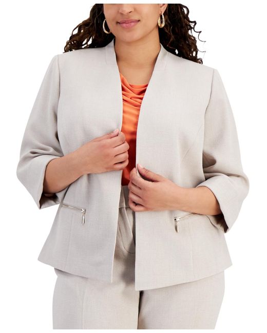Kasper White Plus Size 3/4-sleeve Zip-pocket Jacket