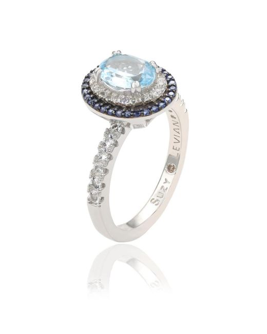 SUZY LEVIAN NEW YORK Multicolor Suzy Levian Sterling Silver Oval Cut Topaz And Sapphire Double Halo Ring