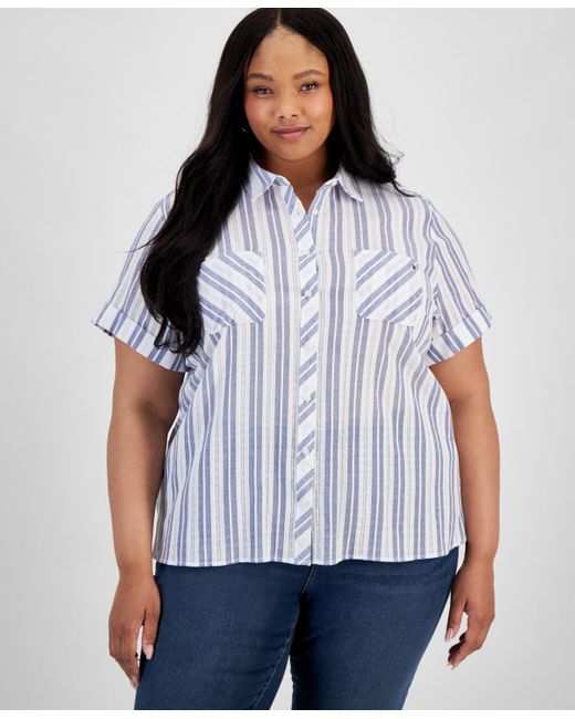 Tommy Hilfiger Blue Plus Size Cotton Dobby Stripe Camp Shirt