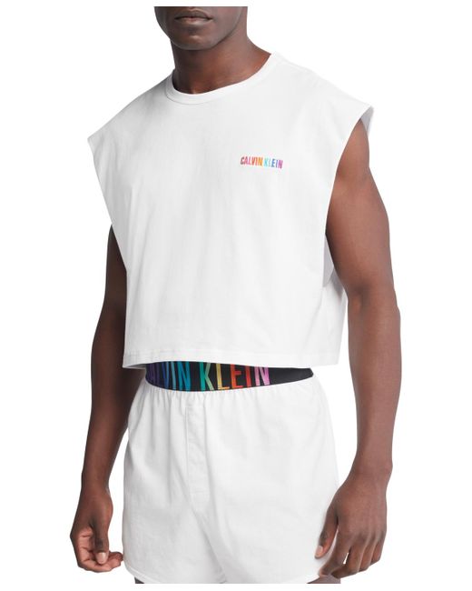 Calvin Klein White Intense Power Pride Cropped Logo Embroidered Cotton Muscle Tank for men