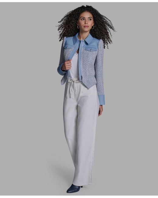 BCBGMAXAZRIA Blue Chambray Collared Long-sleeve Jacket