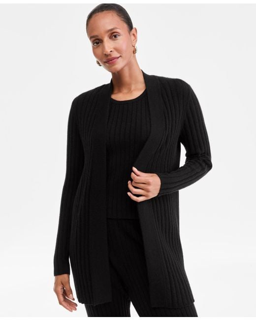 Charter Club Women's Black 100% Cashmere Ribbed Long Cardigan