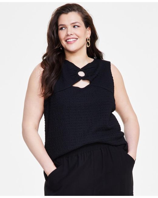 INC International Concepts Black Plus Size Textured O-ring Top